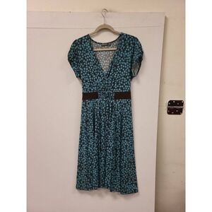 Apt 9 Stretch Dress Womens M Blue Brown Polka Dot Short Sleeve V Neck